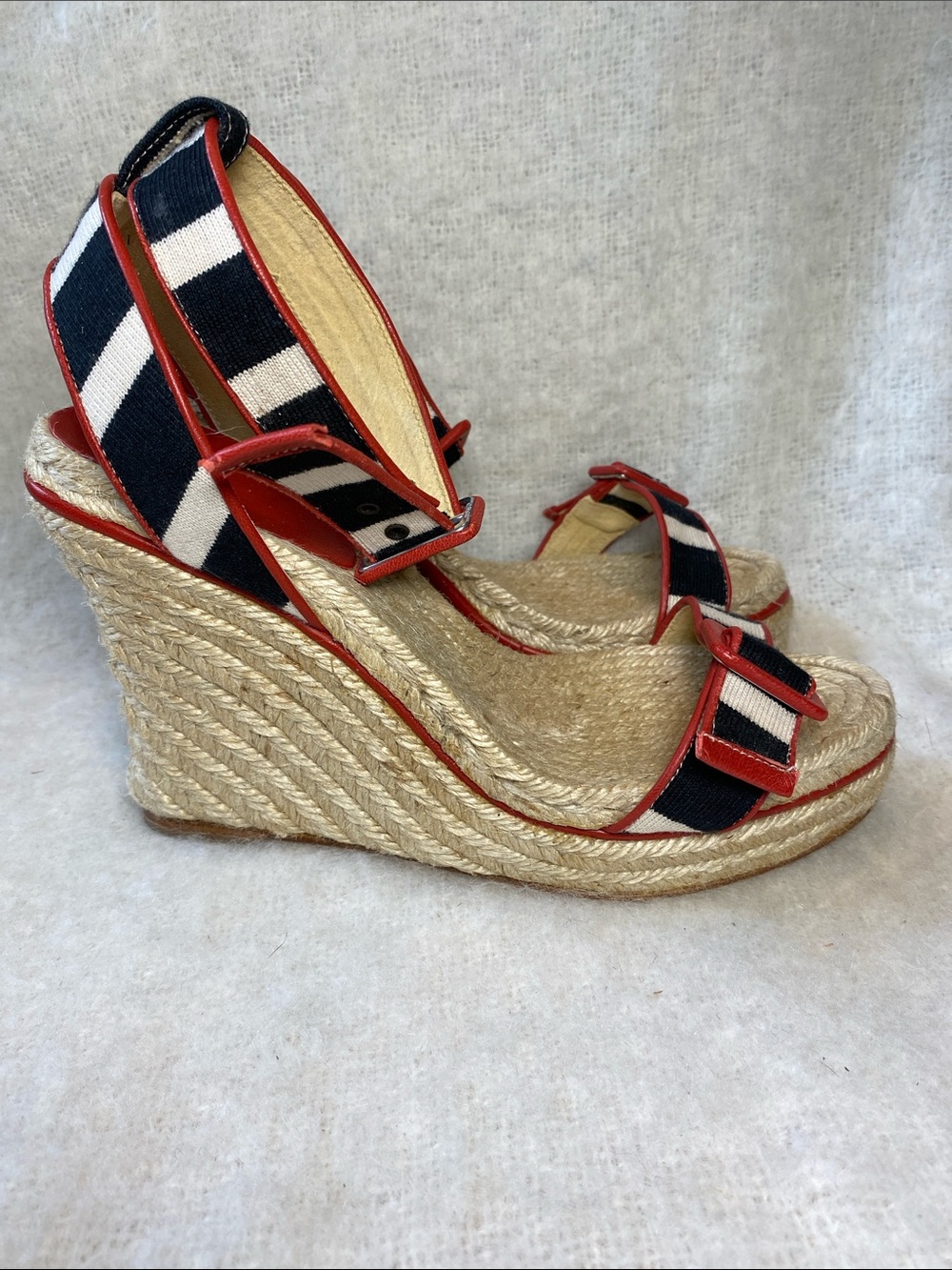 kate spade  Red Espadrille Wedge Sandals with Black & Cream Straps Size 9